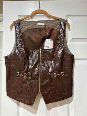 (NWT) New Avec Les Filles Brown Houndstooth and Satin-Lined Leather Top/Vest